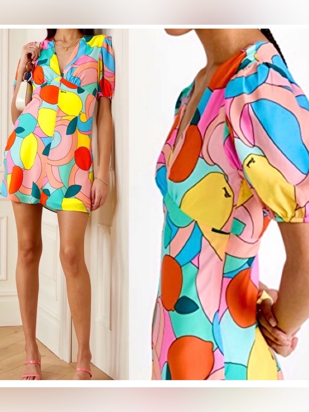 STAUD Multicolor Lemon & Abstract Print Puff Sleeve Mini Dress